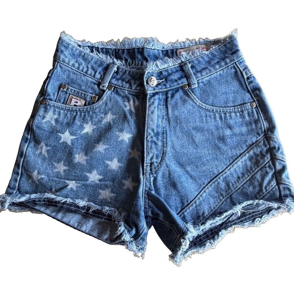 Posse Captured Women Blue Denim Star Cut-Off Jean Shorts Size 0 Vintage, Raw Hem